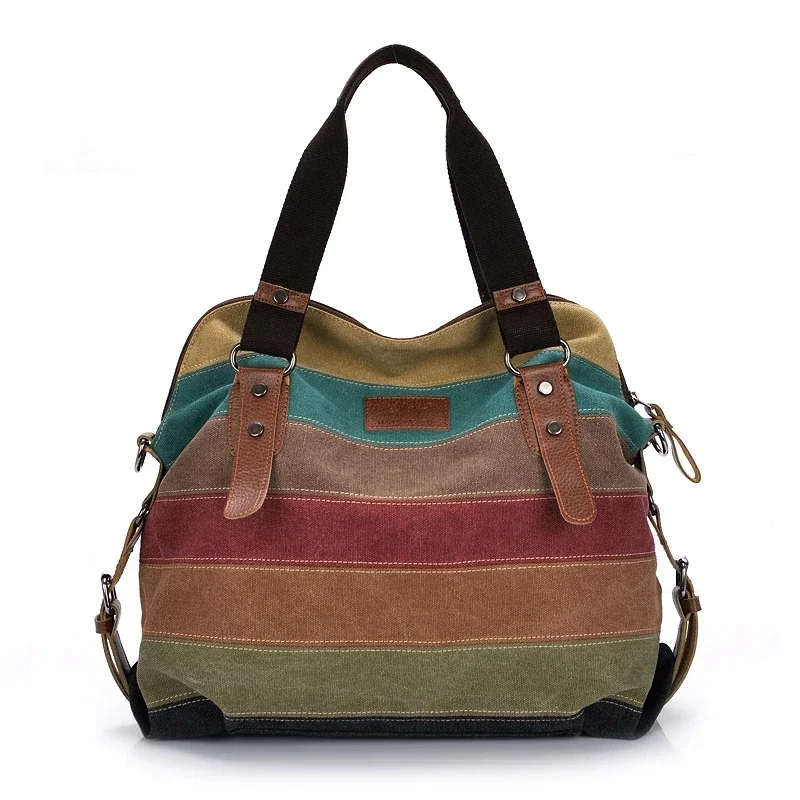 

2024 Hot Sell New Canvas Totes Striped Womens Handbag New Patchwork Rainbow Shoulder Bag Fashion Female Casual Crossbody