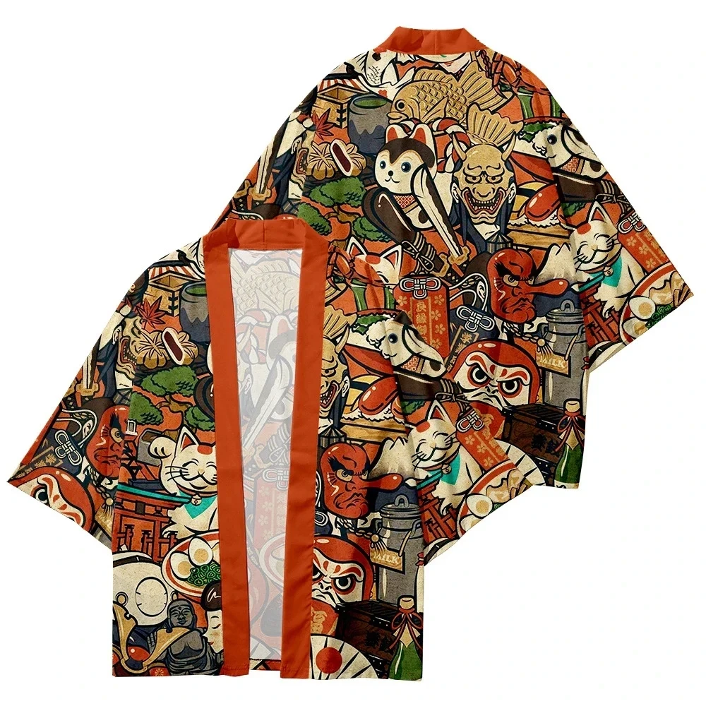 Ropa de calle cárdigan con estampado de gato samurái demonio, kimono tradicional para mujer y hombre, top yukata de playa japonesa Harajuku