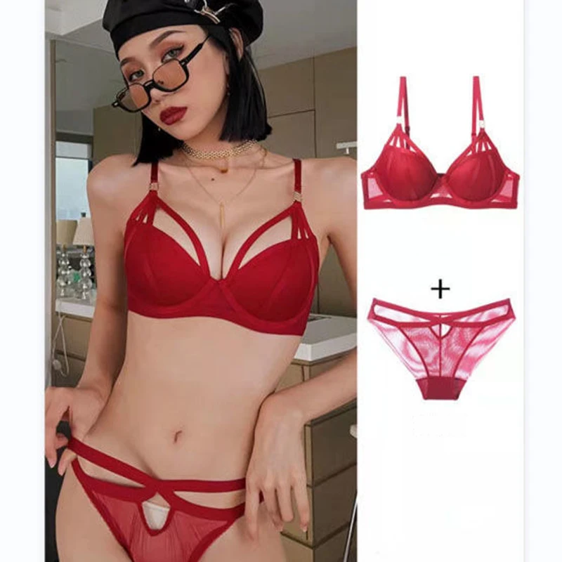 

Red Sexy Bra Set Underwear Women's Small Chest Gathered With Steel Ring Support Anti-Sagging Bra Black Mesh Pure Desire Lingerie