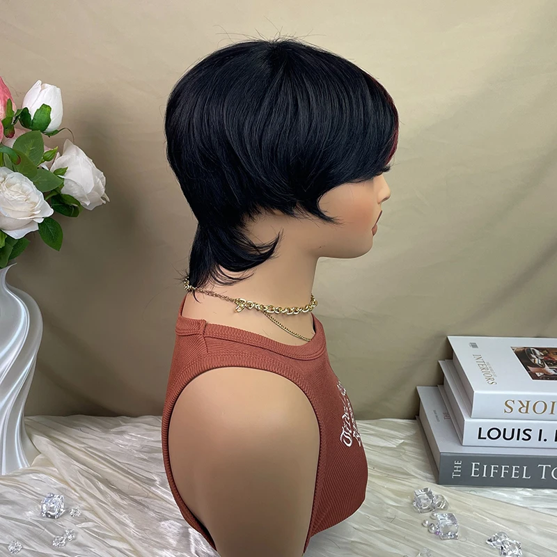 Short Pixie Cut Wigs Human Hair Brazilian Remy Hair 1B/99J Pixie Cut Wig Human Hair Fashion Full Machine Made Wig With Bang On Sale