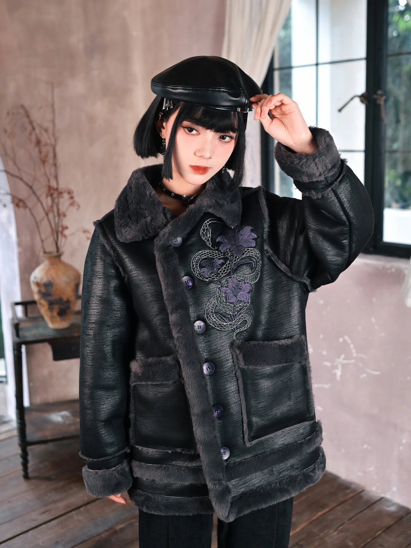 

Женское джатовое пальто из меха и кожи с высоким воротником Thiened, теплая верхняя одежда с подолом, зимнее пальто