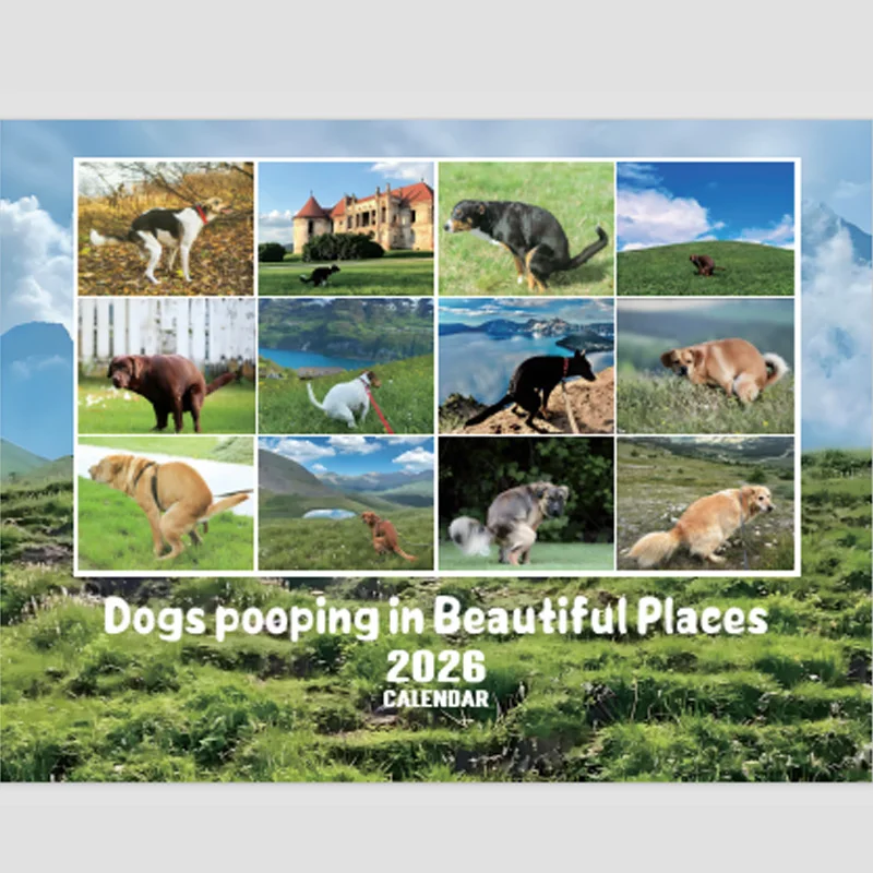 2026 Pooping Dog Calendar-Year مخطط شهري وجدول الأعمال منظم تقويم الحائط مضحك حفلة الكمامة هدايا للأصدقاء