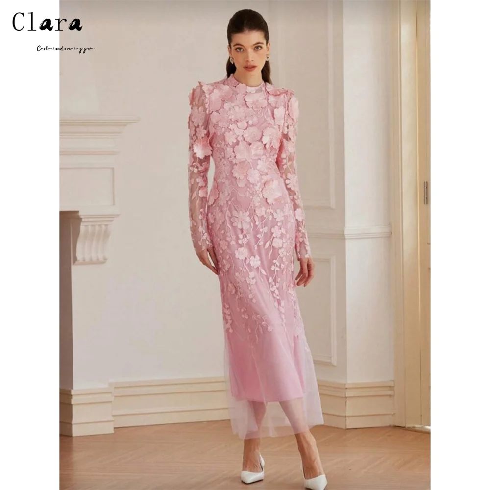 

Clara Custom Pink Crew Neck Long Sleeves Hollow Luxurious Women's Evening Dresses Woman Elegant Party Dresses 2025 Gala Dress