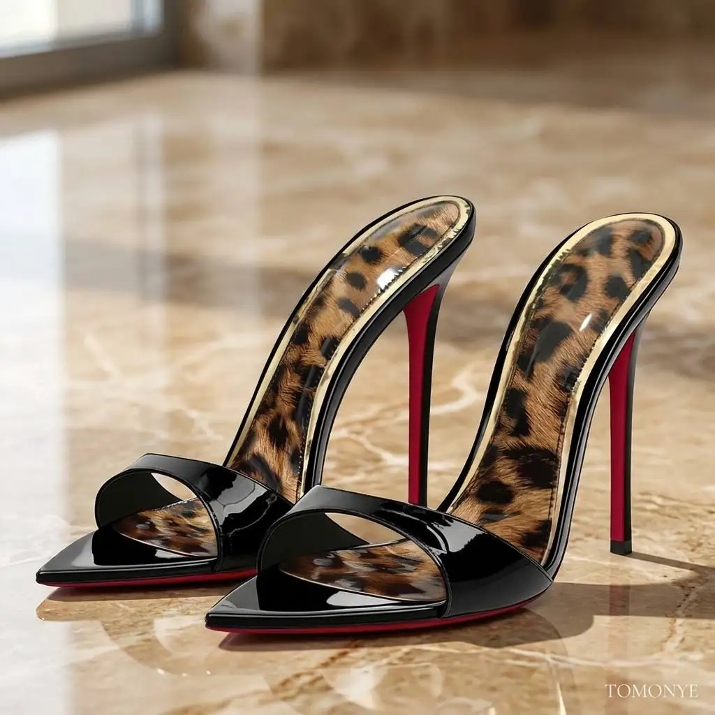 Yuejinlong Damen Leoparden-Spitzabsatzschuhe, 2026 Neue Europäische Pantoletten - Ultra Dünner Stiletto-Absatz, Offene Zehen Sandalen, YJL-2608