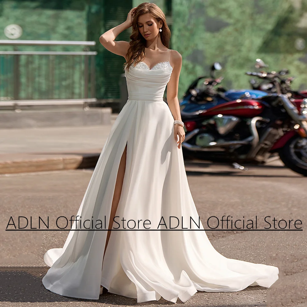 

2024 Organza Wedding Dress Slit A-line Bridal Gown Sleeveless Beading Pearls Sweep Train Zipper Back Vestido Noiva Bride Dresses