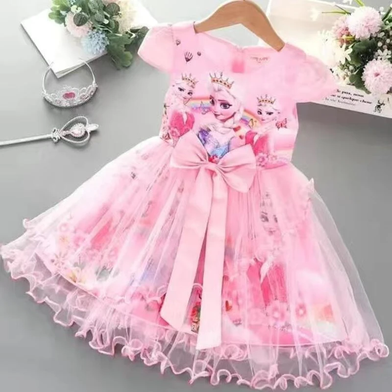 Summer Dresses Kids Girls Princess Toddler Cartoon Frozen Elsa Short Sleeve Mesh Party Wedding Dress Outfit Cotton Pajama Tops