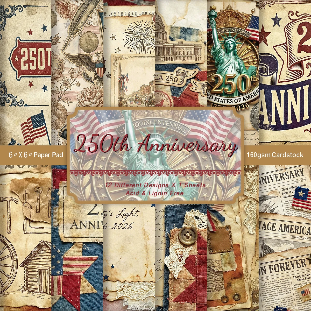 12 Stück Vintage American Anniversary Scrapbook-Papier, patriotisches Design für Junk Journals zum Unabhängigkeitstag, Collage, DIY-Bastelarbeiten