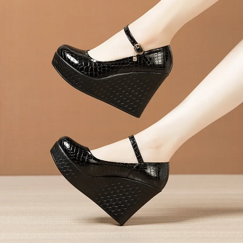 10cm Small Size 32-43 Patent Leather Shoes Thick Bottom Platform Wedges Shoes 2024 Shallow High Heels Pumps for Office Model