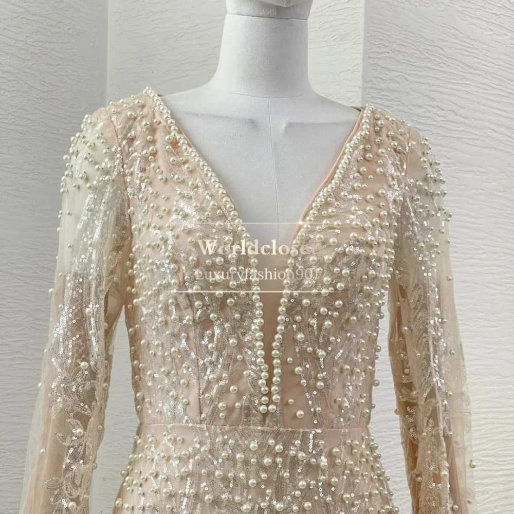 

2025 Women's Fashion Beige Long Sleeve Sequin Pearl Mermaid Fishtail Maxi Dress