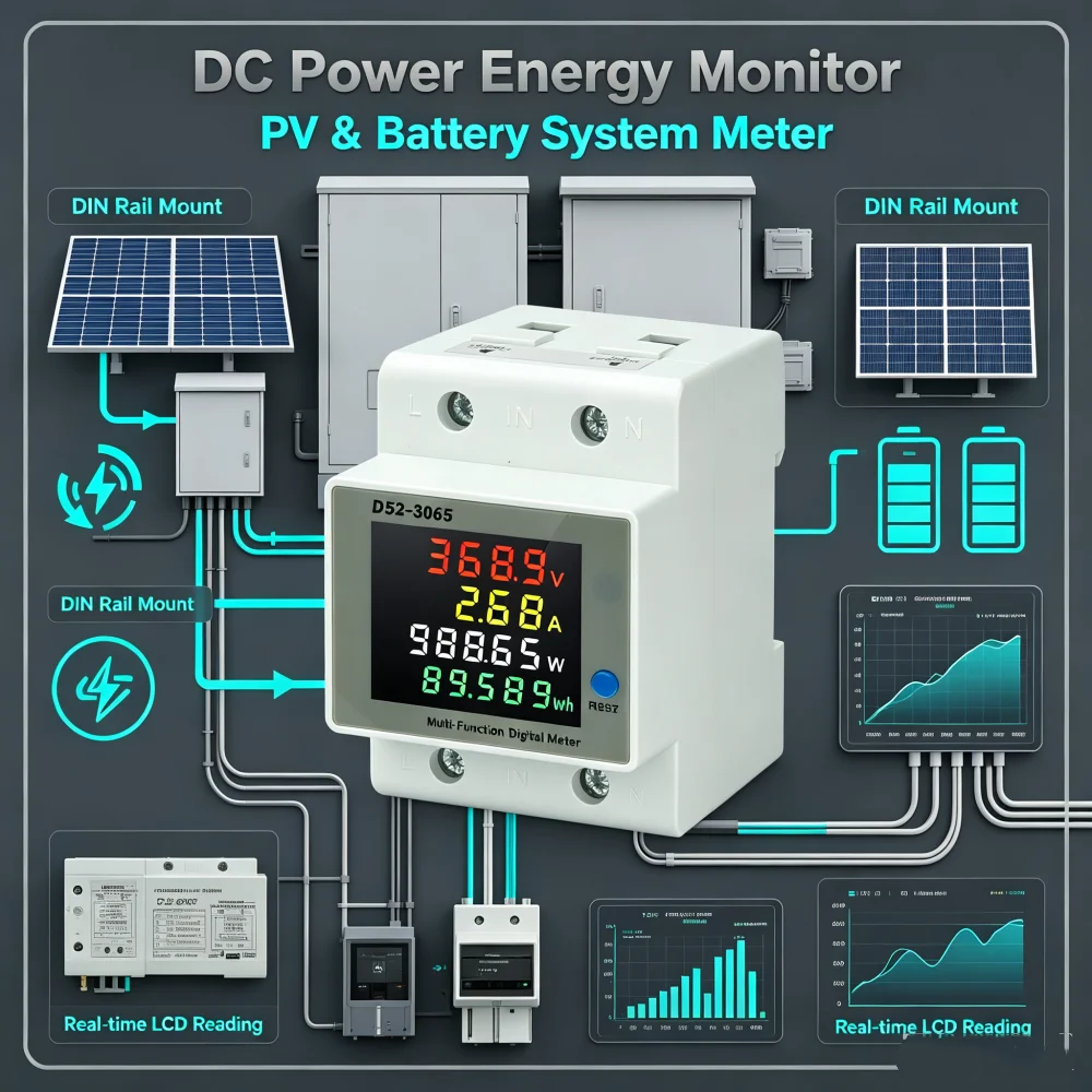 2 in 1 35mm Din Rail DC voltage current Monitor 14V 110V 220V 380V 600V 63A 2-wire Voltage Current Power Voltmeter Ammeter Meter