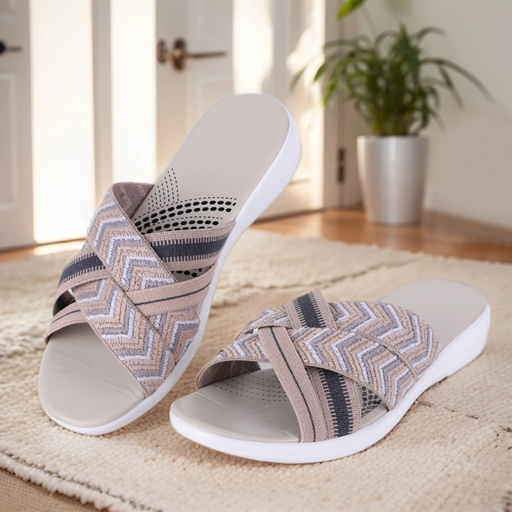 Sandales de plage ouvertes à l\'offre elles compensées pour femmes, pantoufles à coussin optique, large largeur, sangle croisée, décontractées, été