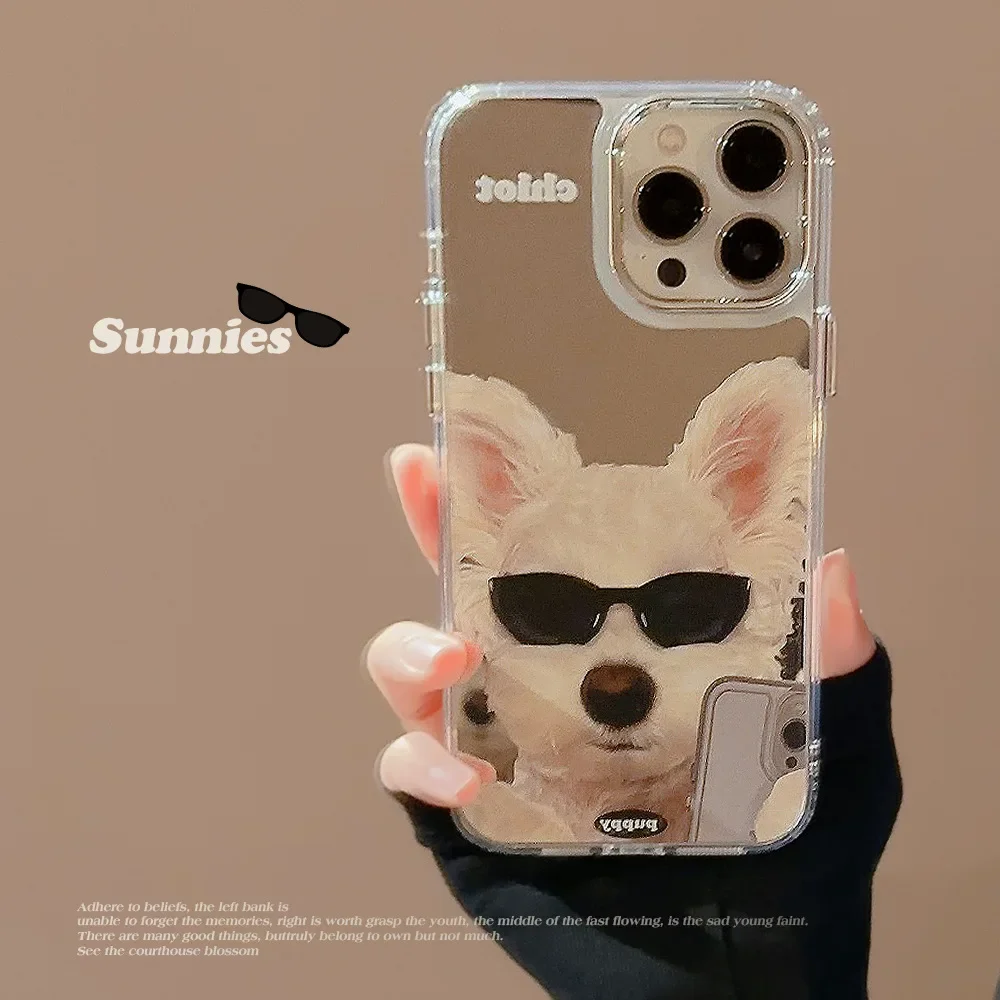 American Style Mirrored Sunglasses Dog Phone Case for IPhone16 15 14 12 13 11 Pro ProMax Plus Mini XSMax Shockproof Phone Cover