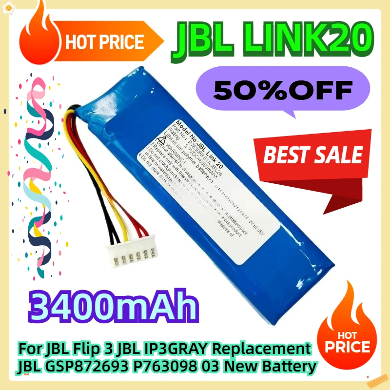 

JBL LINK20 For JBL Flip 3 IP3GRAY Replacement JBL GSP872693 P763098 03 New Battery