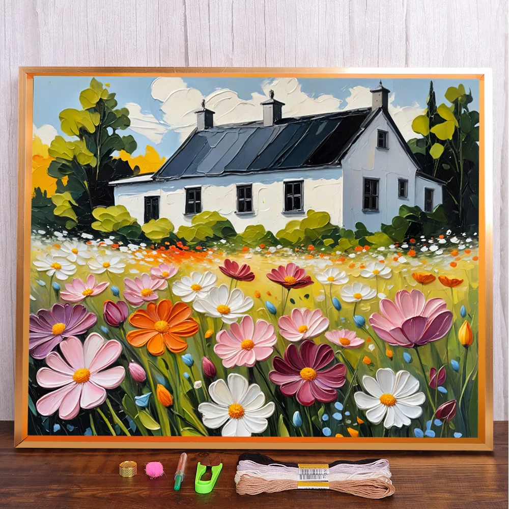 Flowers House Pre-Printed 11CT Cross Stitch DIY Embroidery Set Painting Sewing Handicraft Handmade Home Decor Room Decor Counted