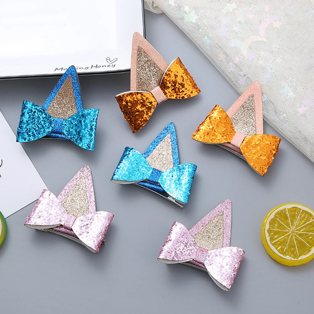 

6 Pairs Glitter Hair Clips Kids Accessories Children Hairpins Bow Cartoon Dog Ears Fabric Animal Bows For Party Wedding