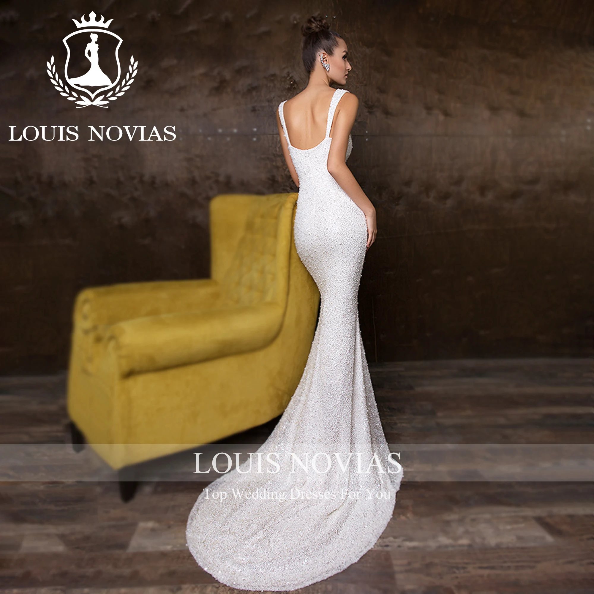 ルイノビアのウェディングドレスマーメイドスタイルスパゲッティストラップミットケープクリスタルグリッターウェディングドレス Vestidos デノビア