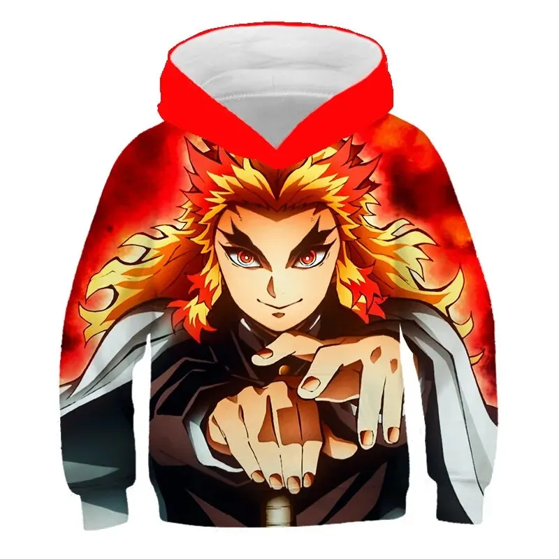 2023 New 4-14T Spring Autumn Fashion Children\'s Demon Slayer 3D Print Hoodie Boy Cartoon Long Sleeve Casual Hooded Tops Clothing