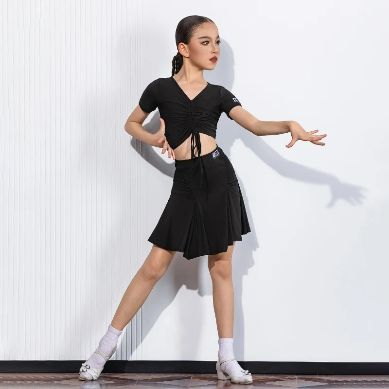 2025 New Latin Dance Performance Costumes For Girls Black Tops Split Skirts Suit Chacha Rumba Tango Kids Latin Clothes DQS20230