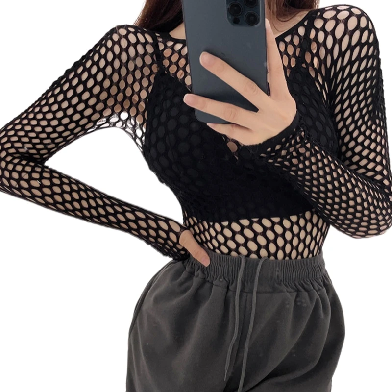 Womens Mesh Fishnet Hollow Out T-Shirts Long Sleeve Turtleneck See Through Sheer Slim Pullover Top Nightclub Streetwear