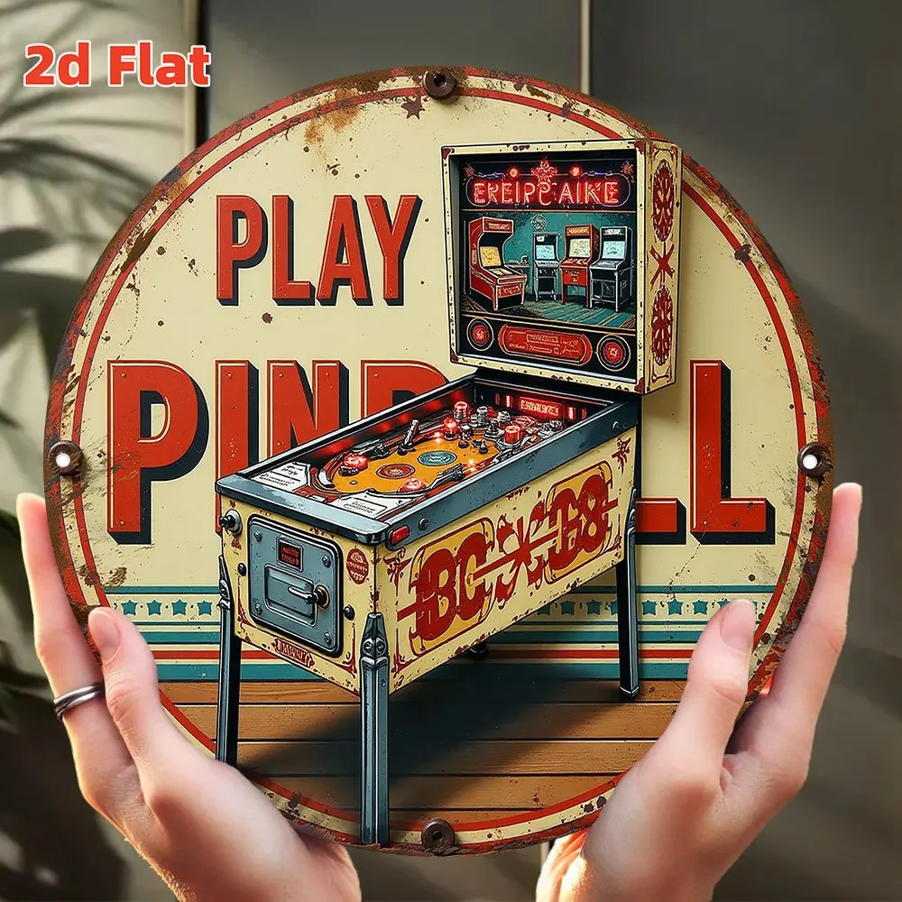 Retro Arcade Flipperautomat Metall-Wandkunst-Schild, 2D Flaches 20cm Rundes Vintage-Spiel-Dekor für Zuhause und Bar