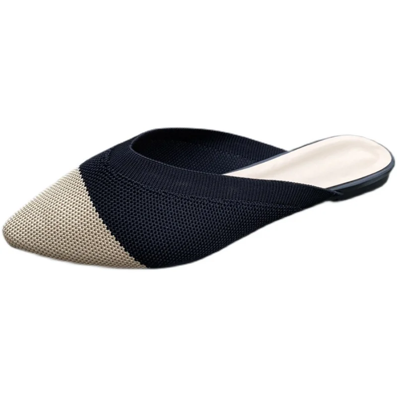 

2022 Pointed Flat Slippers Women Summer Shoes Knitted Elastic Mesh Slingback Breathable Mules Shallow Slides Sexy Sandals Shoes