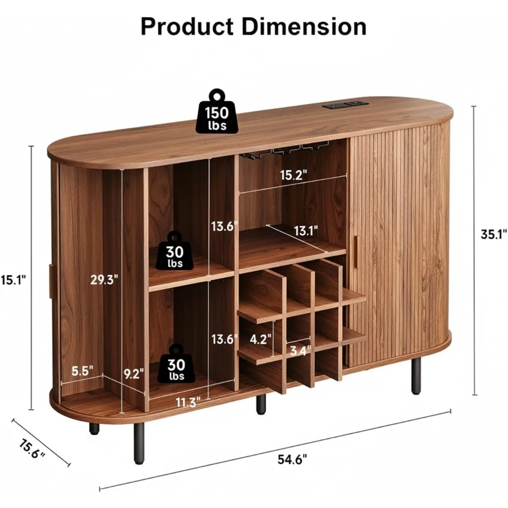 Szafka barowa z rowkami na wino, 55 cali, szafka na alkohol z oświetleniem LED, szafki barowe do kawy z miejscem do przechowywania, komoda w stylu mid-century modern C