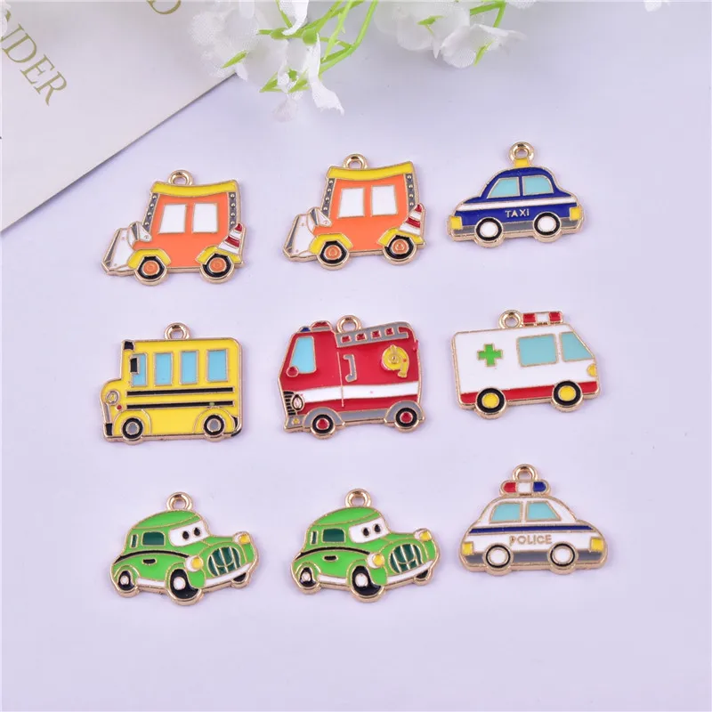 10pcs/pack Cute Cartoon Car Taxi School Ambulance Fire Truck Metal Charms Pendant Jewelry Making Craft DIY