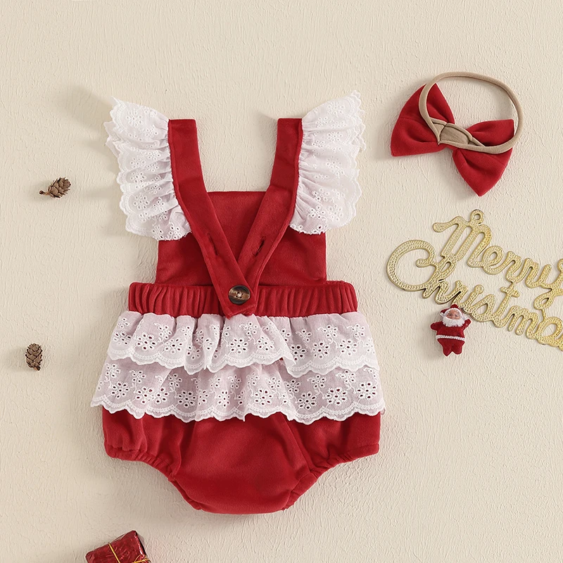 VISgogo 0-24 Months Baby Girls Rompers Christmas Clothes Lace Patchwork Fly Sleeve Infant Bodysuits with Headband Outfits