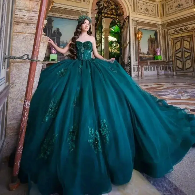 

Customized Strapless Lace-Up Blackish Green Vestidos 15 Años Quinceañera Luxury Beaded Applique Crystal Tull Corset Ball Gown