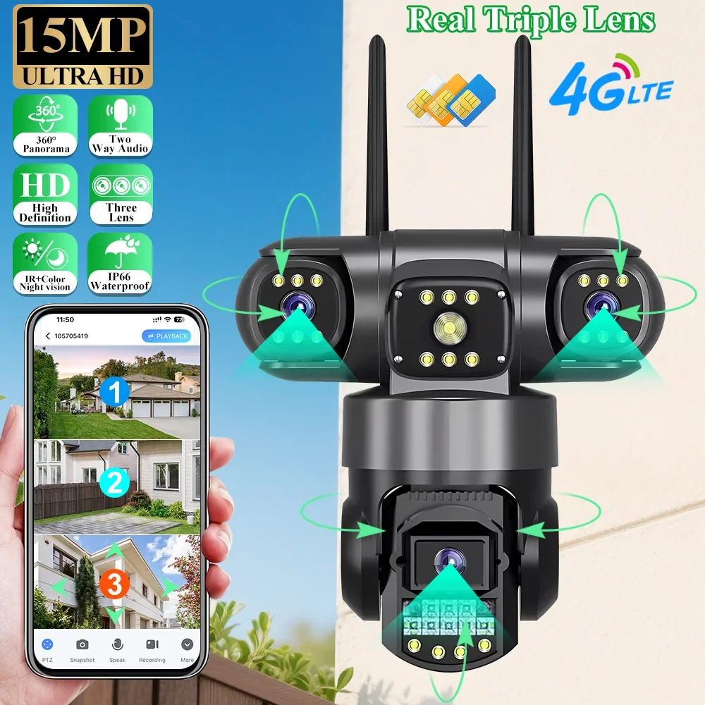 V380 Pro 4G Outdoor Waterproof Camera With Sim Card 15MP Three Lens Monitor Night Vision Security PTZ WiFi CCTV Home IP Camera