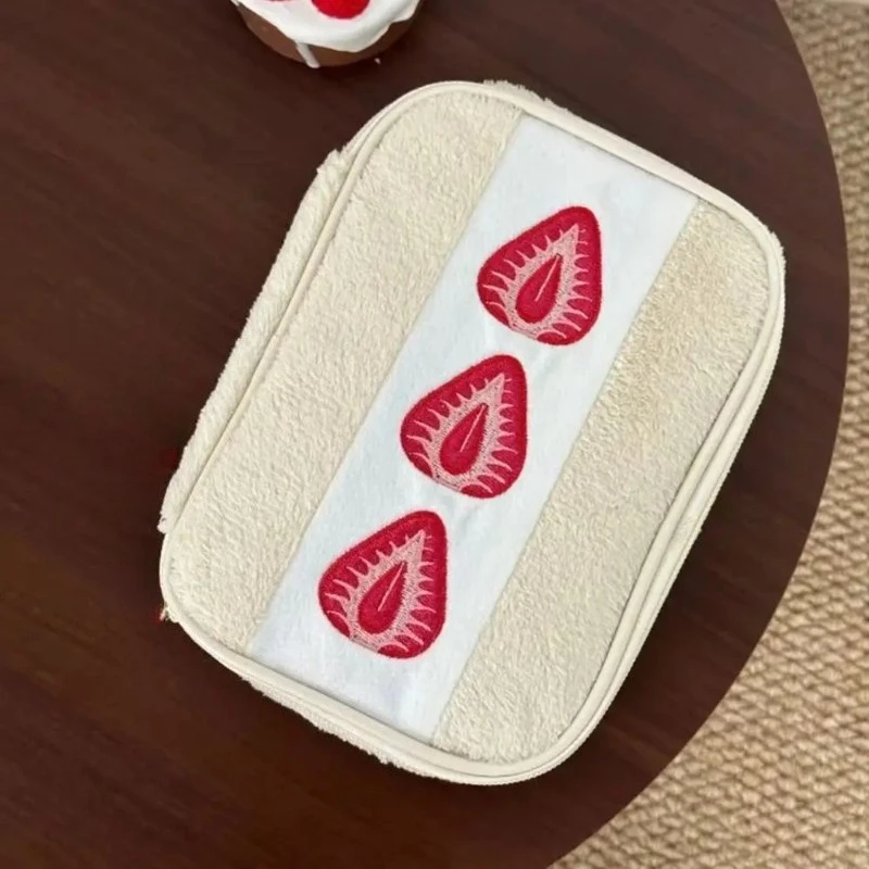 Portable Fuzzy Pen Bag Strawberry Sandwich Multi-functional Makeup Bag Cute Embroidered Pencil Case School Office