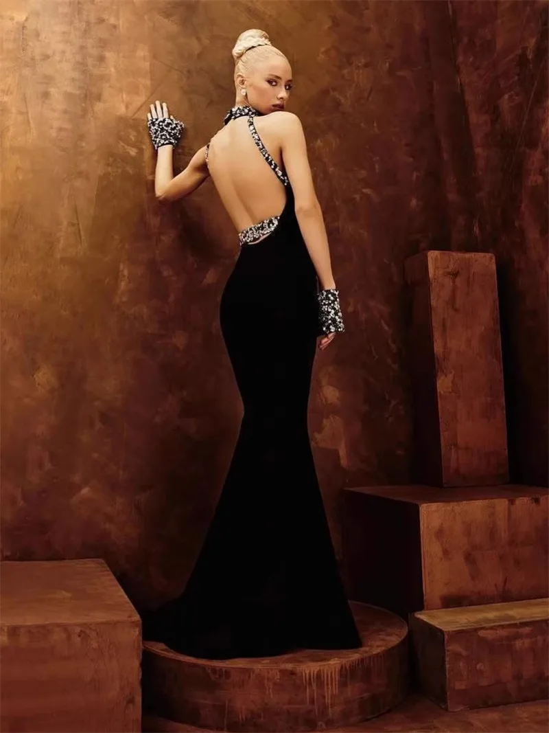 

Crystals Black Prom Dress Luxury Beaded Cuff Sexy Sleeveless Backless Long Mermaid Party Gown Formal Wedding Birthday Robe
