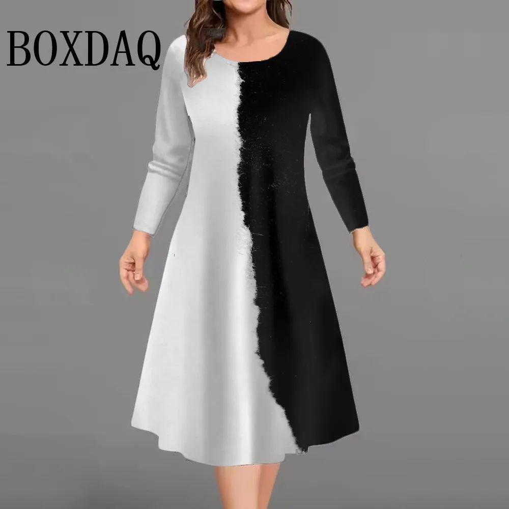 

Черно-белые женские платья контрастного цвета 2023, осень-зима, модное платье больших размеров с длинным рукавом, повседневное свободное платье трапециевидной формы с круглым вырезом