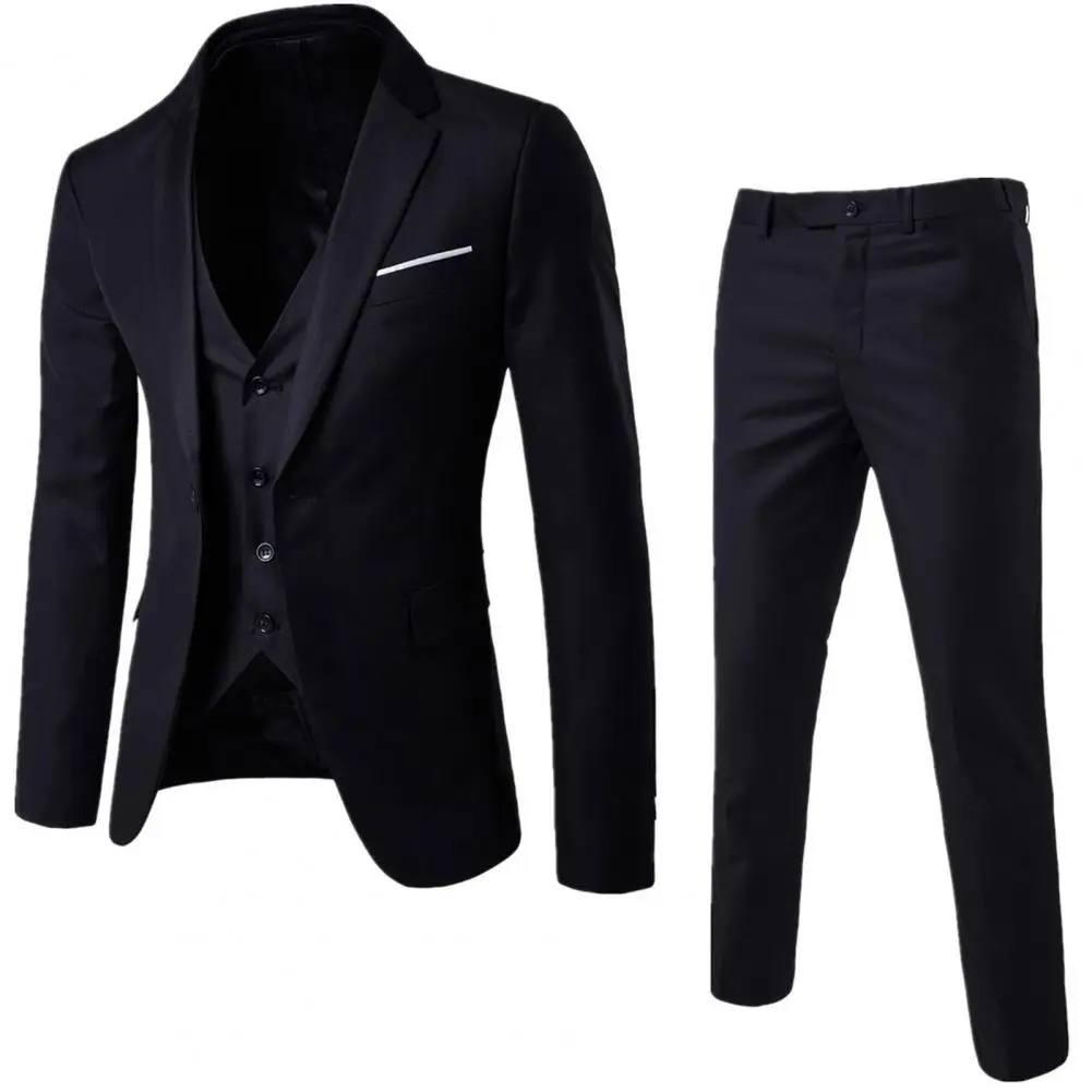 Men Three-piece Suit Stylish Men's Wedding Suit Set Slim Fit Solid Color Anti-wrinkle Formal Business Style with Turn-down