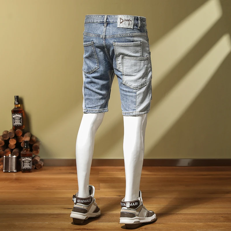 2024 nuovi pantaloncini di jeans da uomo fori rotti marea elastico sottile impiombatura ricamo patch Casual dritto nei pantaloni