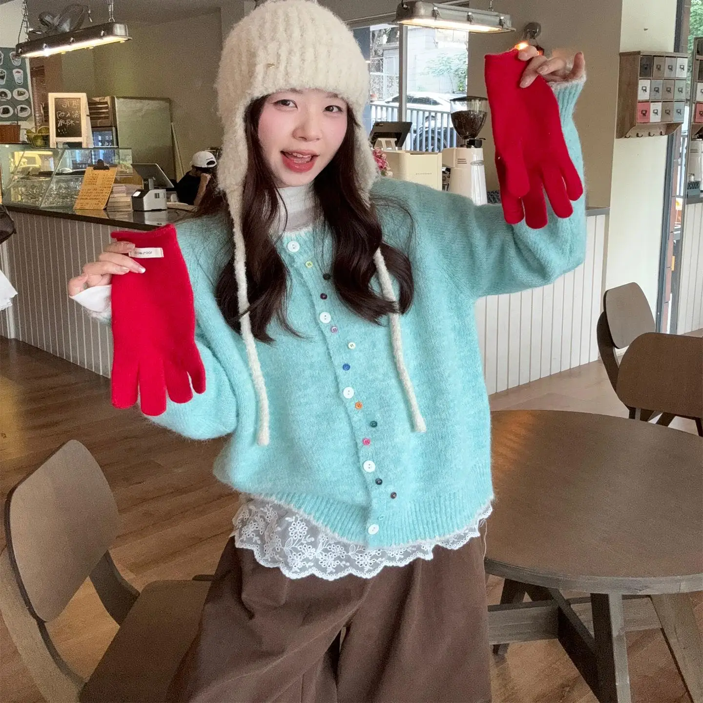 

Ladies Loose Long Sve Knitted Cardigan Autumn Winter Blue een Outerwear Comfortable Sle round Ne Single Button Closure