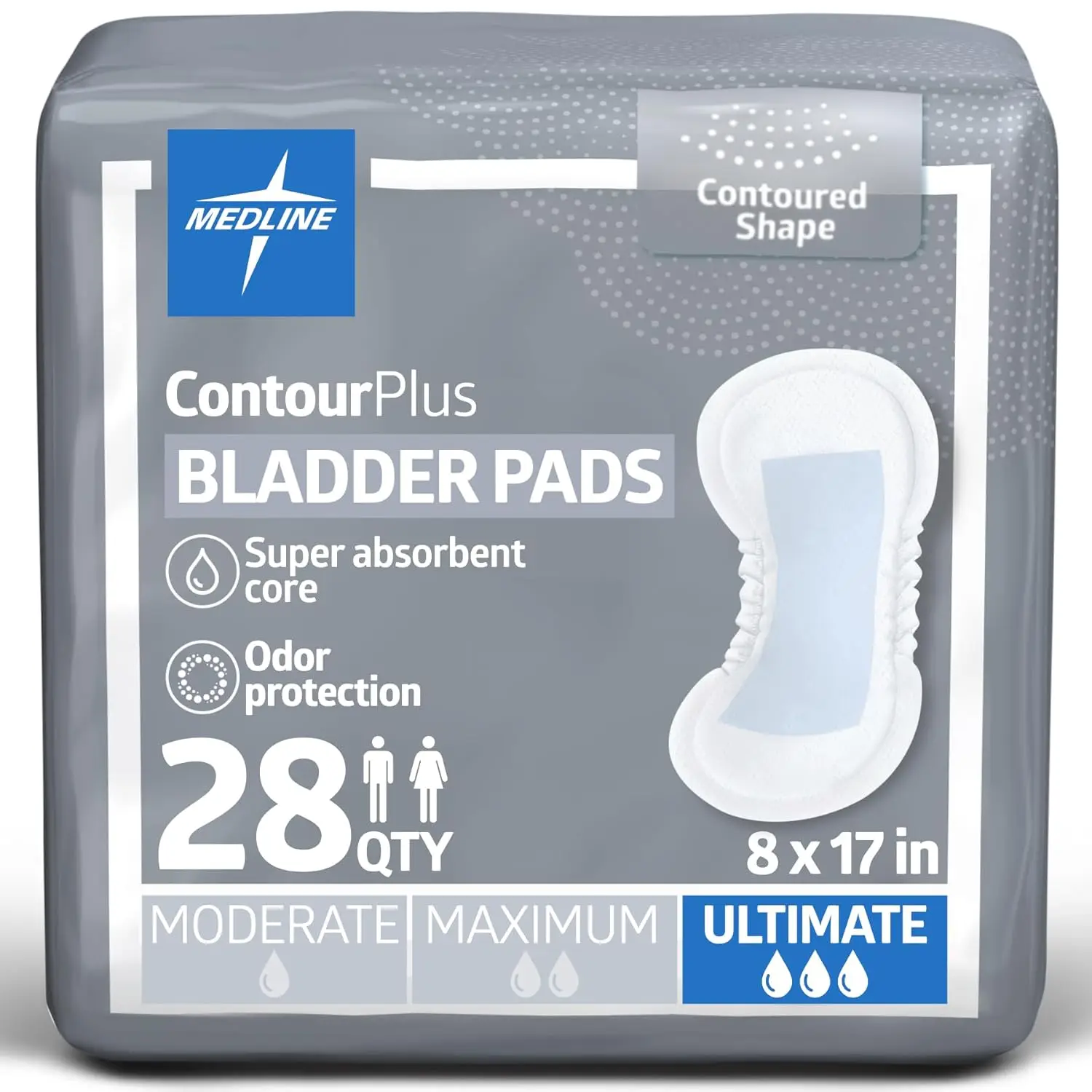 

ContourPlus Bladder Control Pads, Ultimate Absorbency, 8 X 17 Inches, Bag of 28