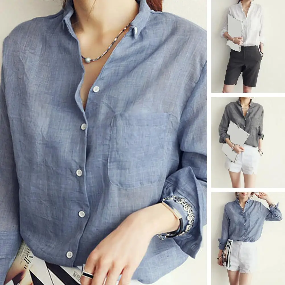 Women Autumn Korea Solid Cotton and Linen Blouse Vintage Solid Thin Loose Shirt 2024 Casual Long Sleeve Korean Tops