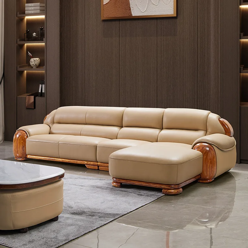 Ebony leather sofa first layer cowhide high-end villa living room modern new Chinese corner leather art