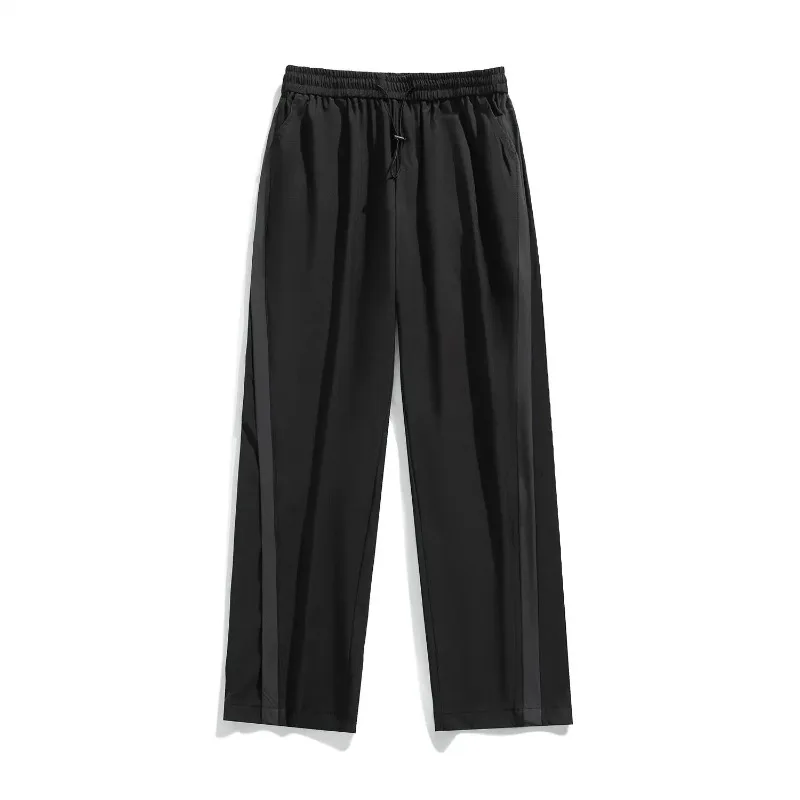 Men's Spring Autumn Solid Drawstring Elastic High Waist Pocket Casual Loose Wide Leg Sports Trousers Fashion Vintage Pants