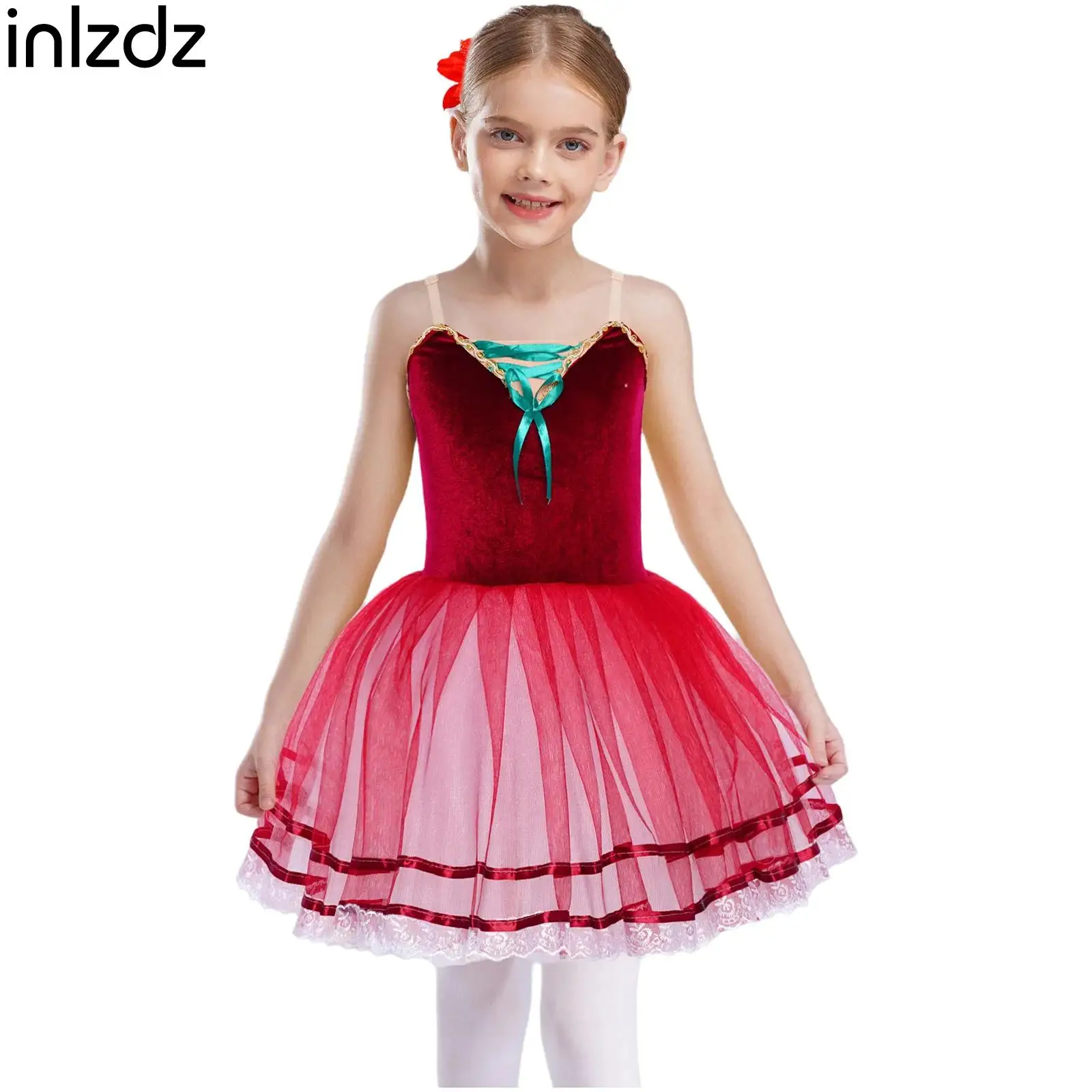 

Kids Girls Ballet Dance Costumes Sleeveless Lace Trim Layered Tulle Tutu Dress with Headwear for Jazz Figure Skating Performance