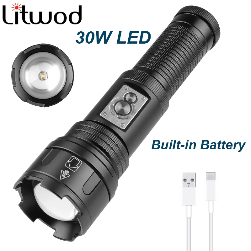 

Litwod Built-in Battery Led Flashlight High Quality 30W 1500M Tactical Fishing Hunting Aluminum alloy Torch Power bank Lantern