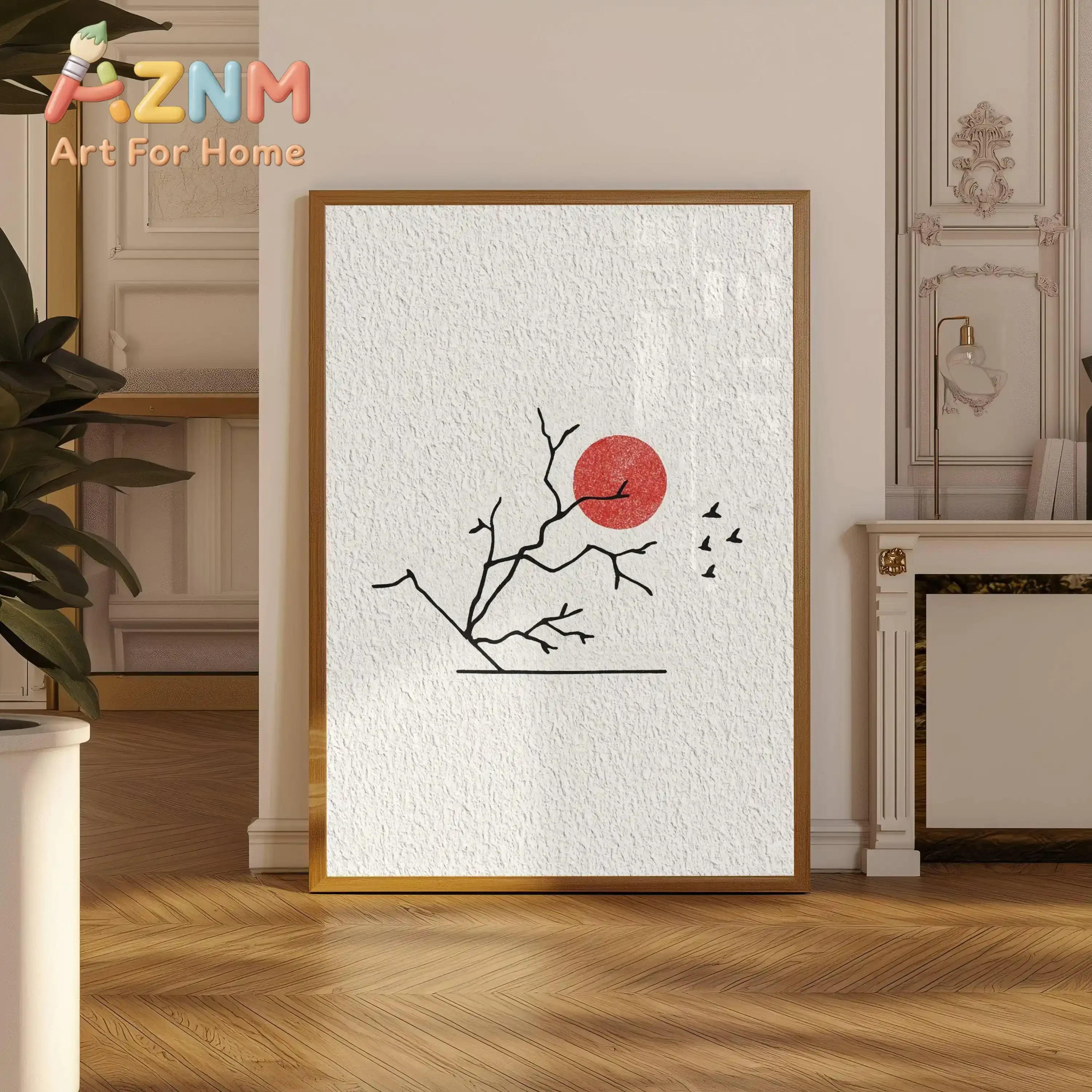 Minimalist Japanese Ink Poster, Red Sun Branch Line Art with Birds, Zen Wabi Sabi Japandi Wall Art Print, Modern Asian Decor