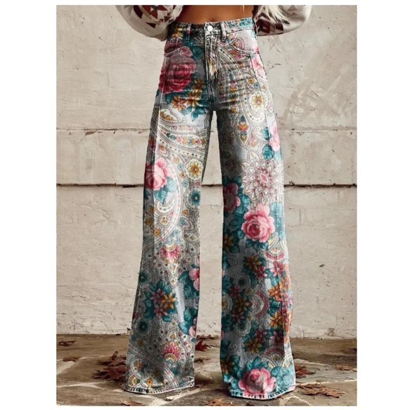 Cross-border AliExpress European  American Trade Large-sized Women's Fashion Casual Thin Imitation Jeans Wide-leg Long Pants