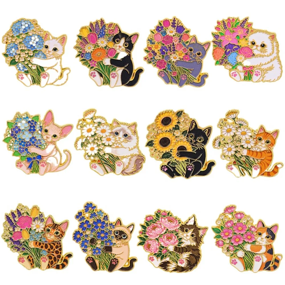 Floral Cat Enamel Pin Kitten Holding Bouquet Lapel Badge Flower Pins Brooch Backpack Jacket Hat DIY Handmade Craft Jewelry