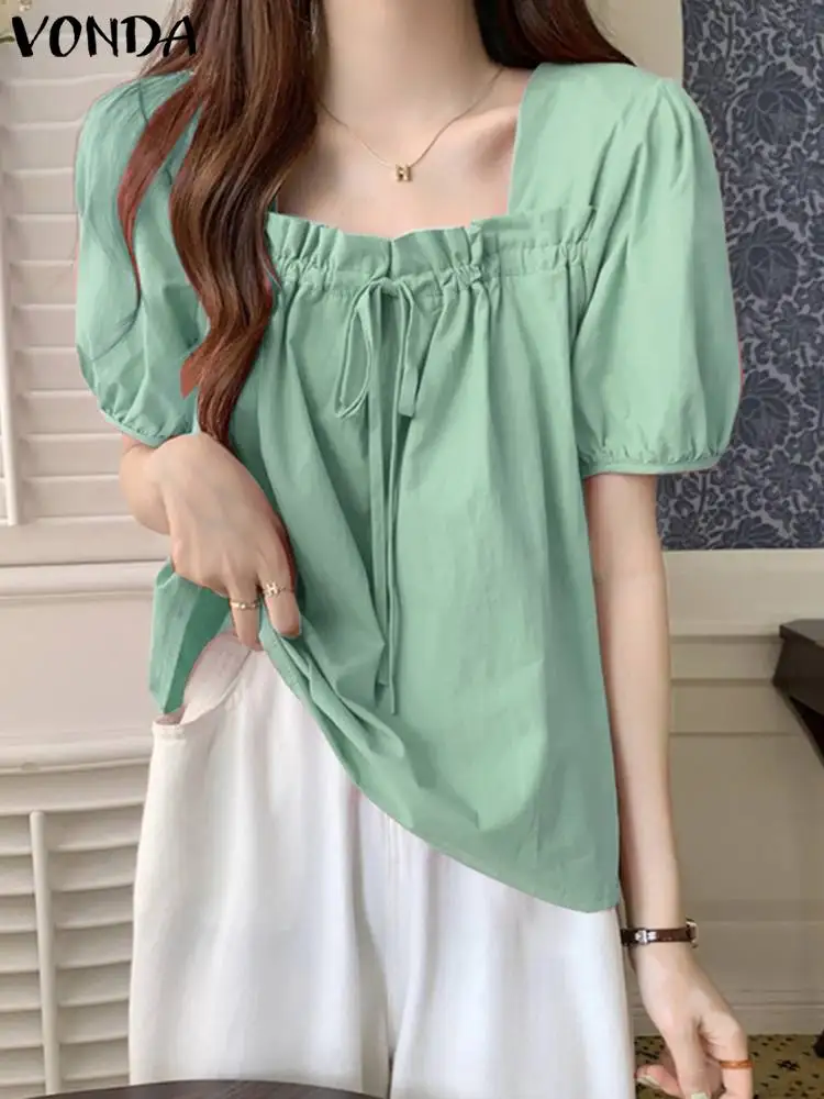 VONDA 2024 Summer Ruffle Tops Women Casual Short Sleeve Blouses Sexy Square Neck Lace Up Shirt Fashion Casual Solid Color Blusas