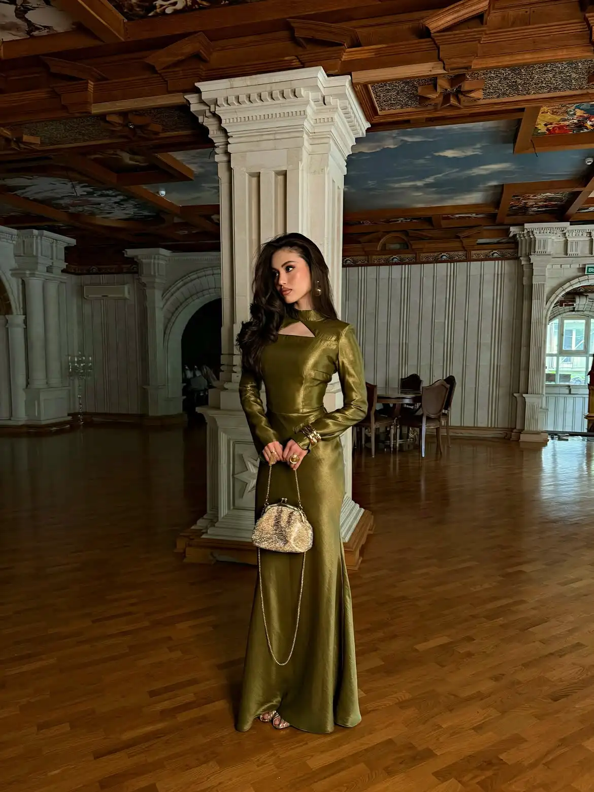 Olive Green Evening Maxi Gown Stand High Collar With Front Keyhole Hollow Cutout Long Sleeve With Cuff Detail Fitted Waist Hip W