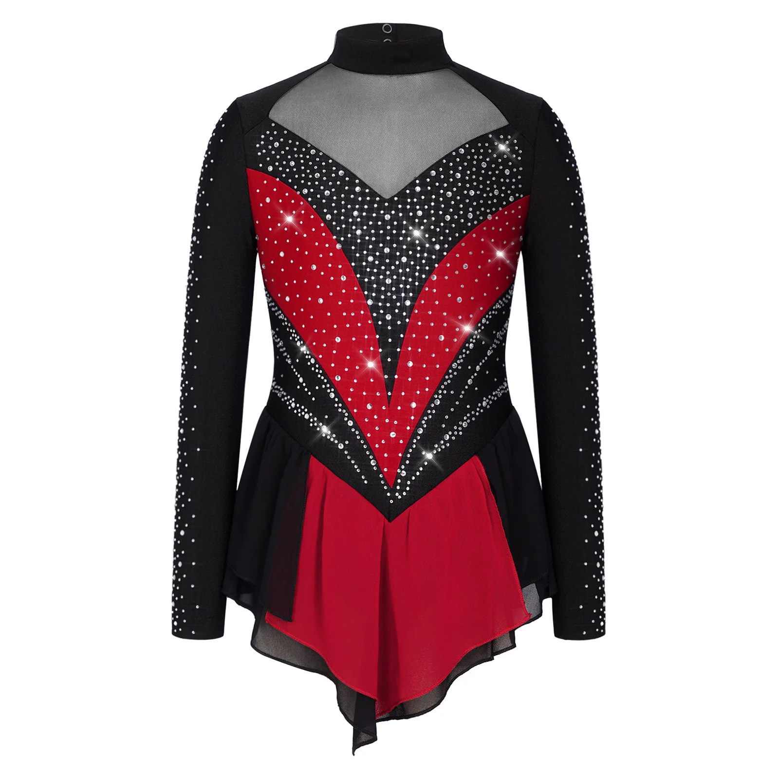 Kinder Mädchen Strass-Gymnastik-Trikot Eiskunstlauf Ballett Lyrisches Tanz-Auftrittskostüm Trikotkleid mit unregelmäßigem Saum – Detail 12