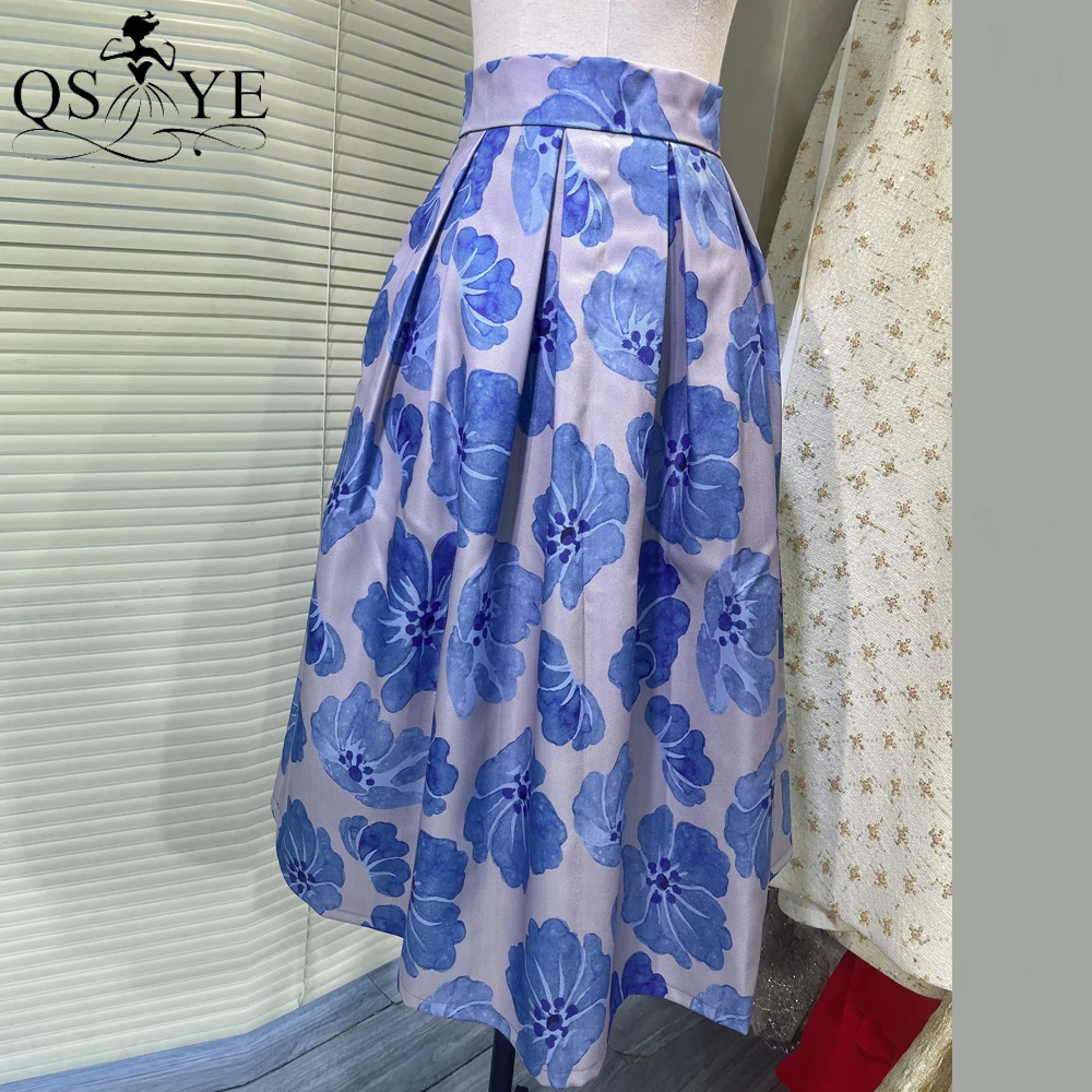 

Blue Flower Satin Prom Dresses A line Overskirt Print Floral Blue Skirt Women Overlay Evening Gown Skirt Long Maxi Party Dress
