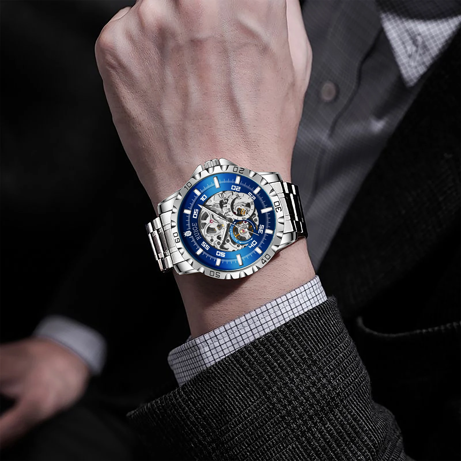 RUIGE High-Quality Double-Sided Hollow Men's Fully Automatic Mechanical Watch Stainless Steel Men's Luminous Waterproof Watch